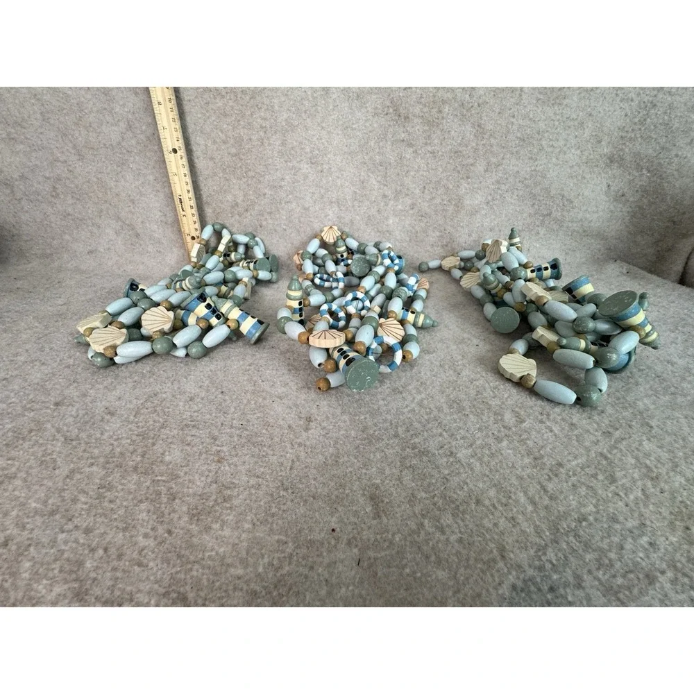 3 Nautical Ocean Christmas Wooden Bead Lighthouse,Seashell Garland 88